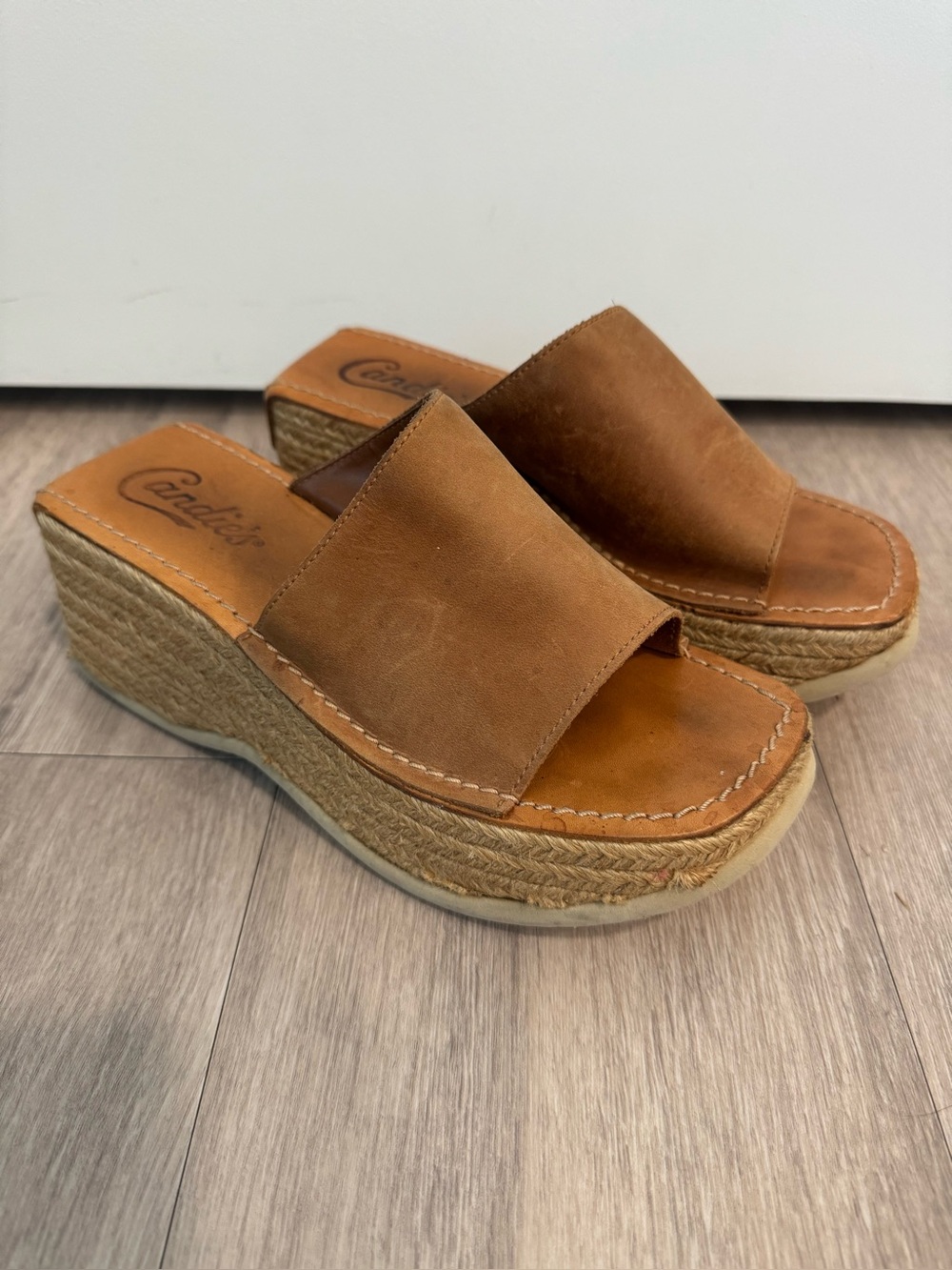 Candies Tan Leather Espadrille Wedge Slide